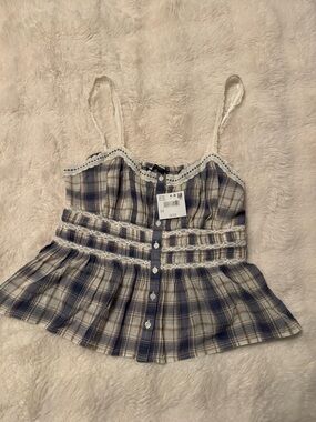 American Eagle Outfitters Blue Plaid Lace-Trim Button-Front Camisole